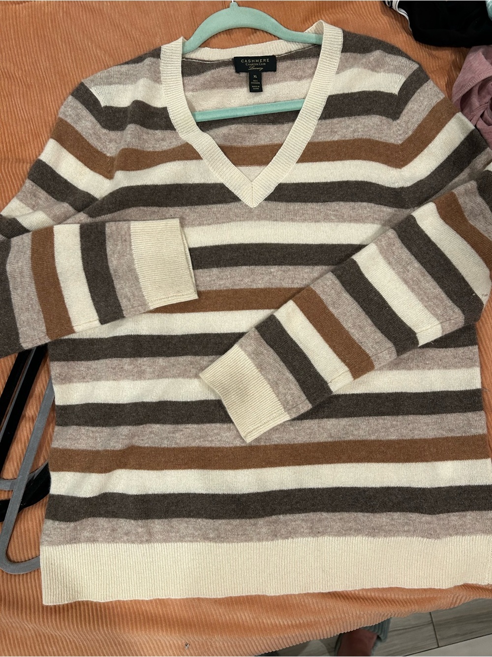 Charter Club luxury CASHMERE V-Neck Striped Sweater. Brown, cream, neutral